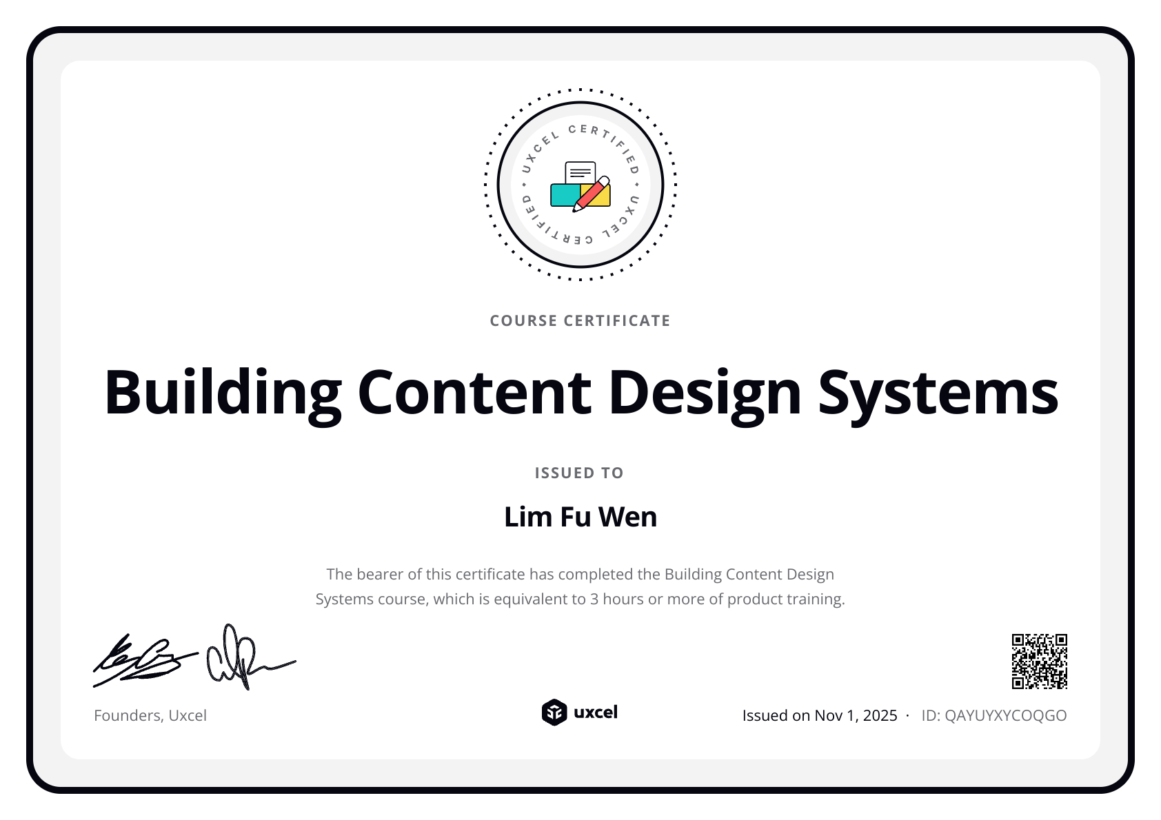 Lim Fu Wen's certificate